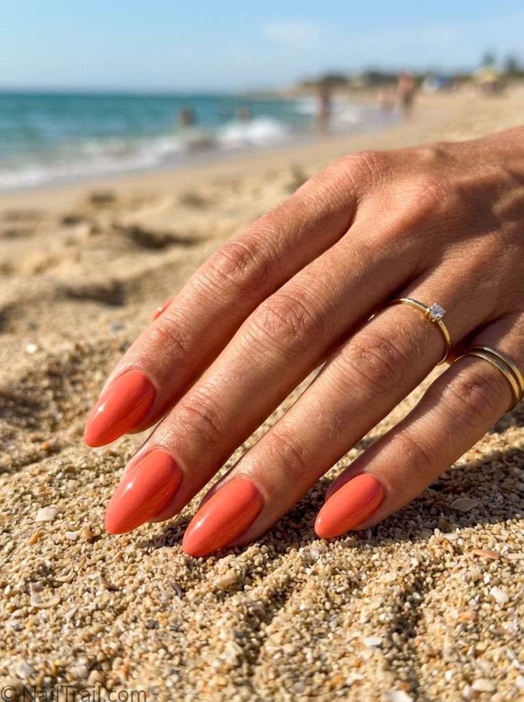 hottest summer nails colors coral glazed almond universally flattering high shine glossy warm summer