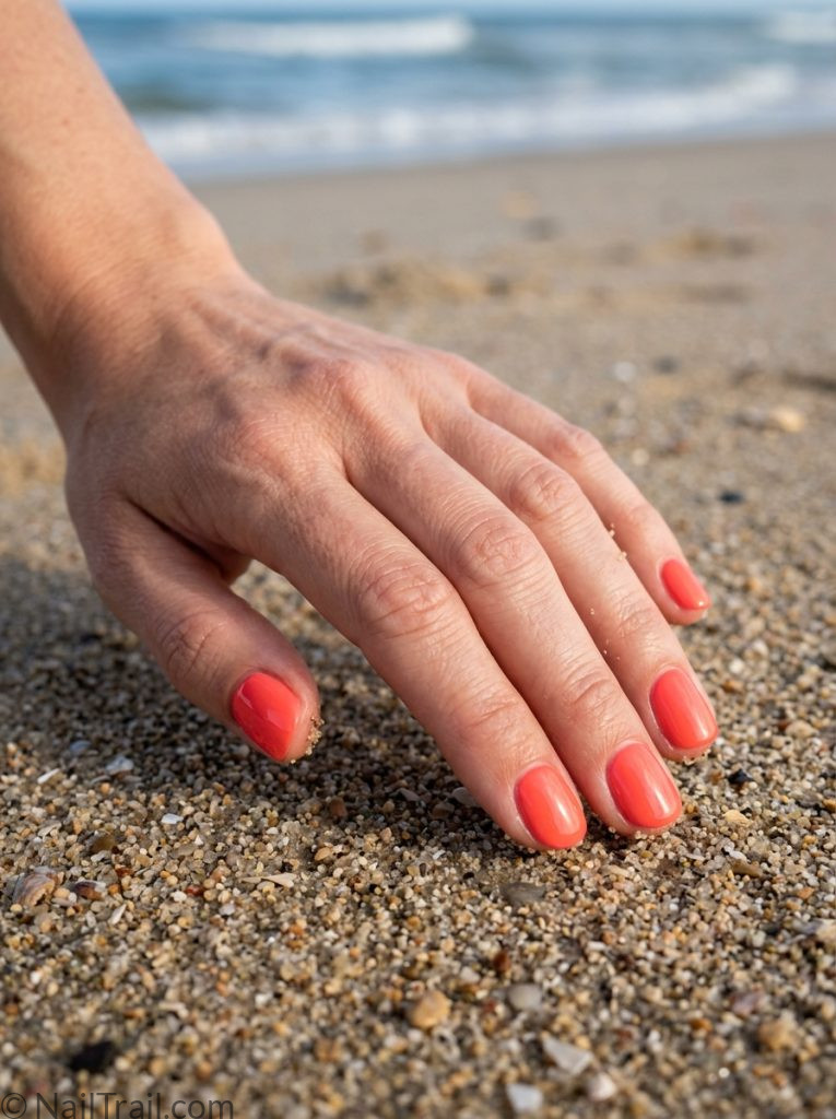 very short nails ideas summer coral round shape glossy gel finish beach sand warm vibrant