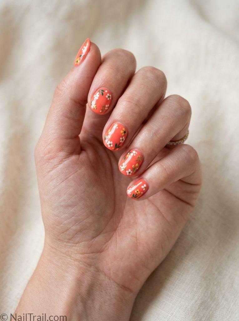 very short nails ideas summer press on coral floral round glossy convenient easy