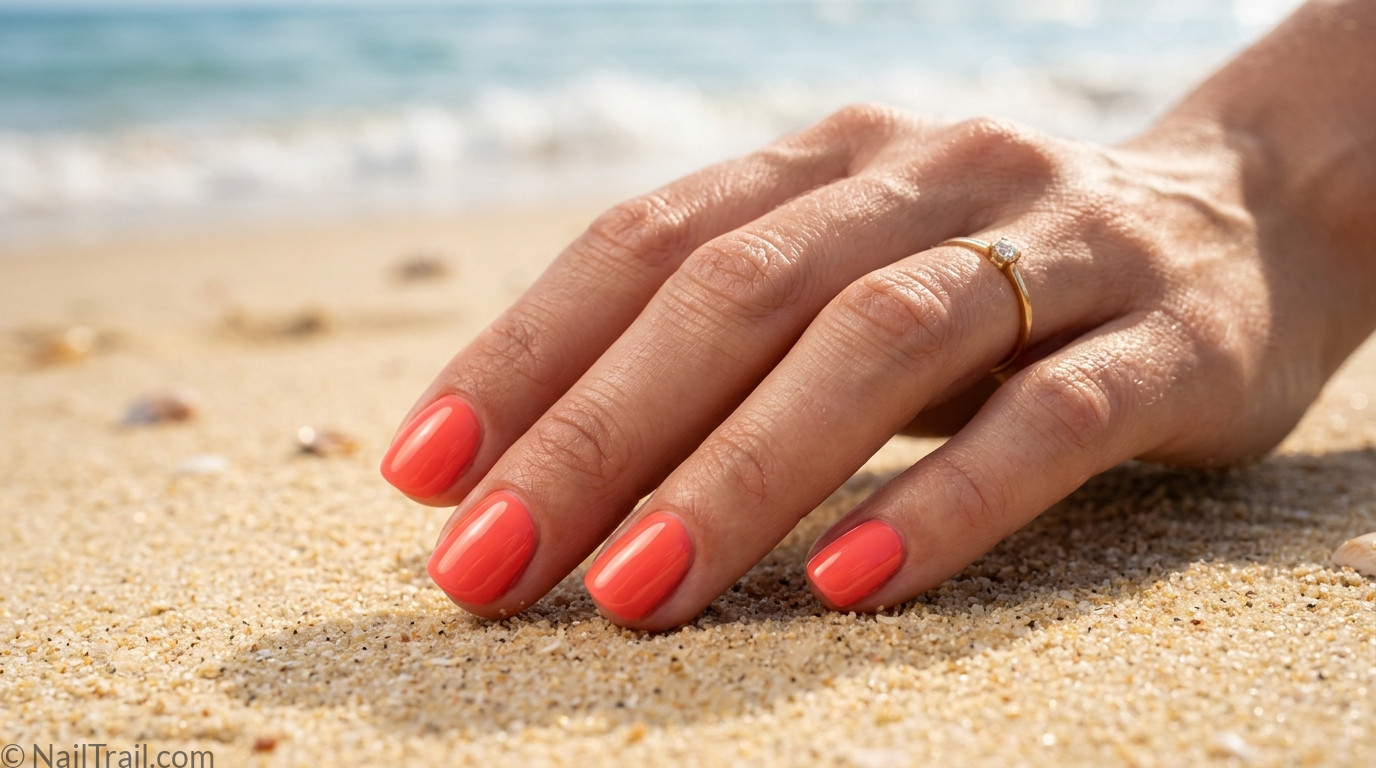 very short nails ideas summer coral round shape glossy gel finish beach sand background