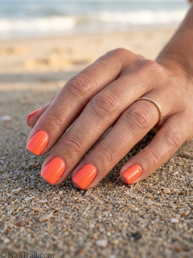 extra short nail ideas summer square shape bright coral orange glossy finish beach sand background