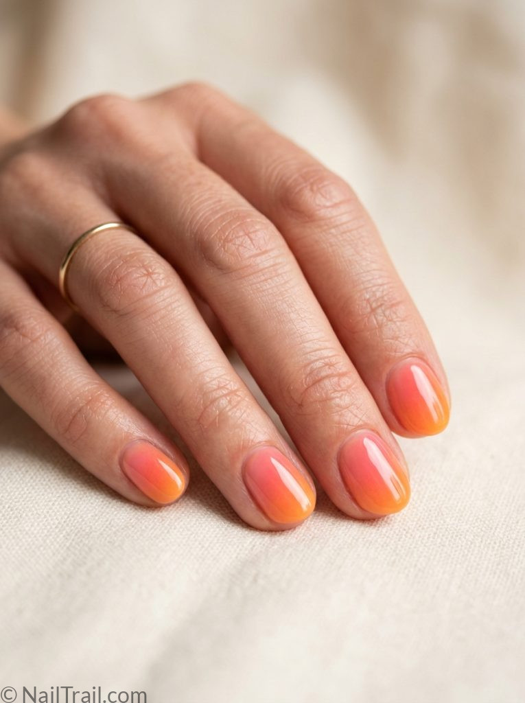 very short nails ideas summer aura coral orange oval glossy dreamy glow warm