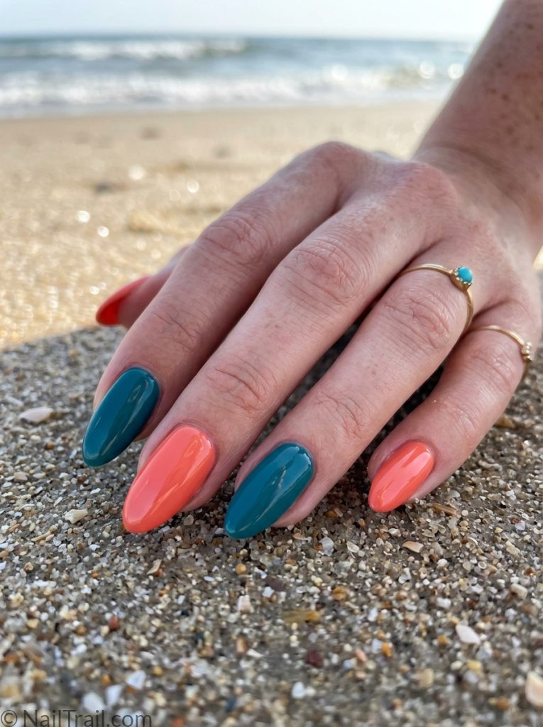 coral teal nails mismatched almond summer beach bold glossy vibrant warm cool