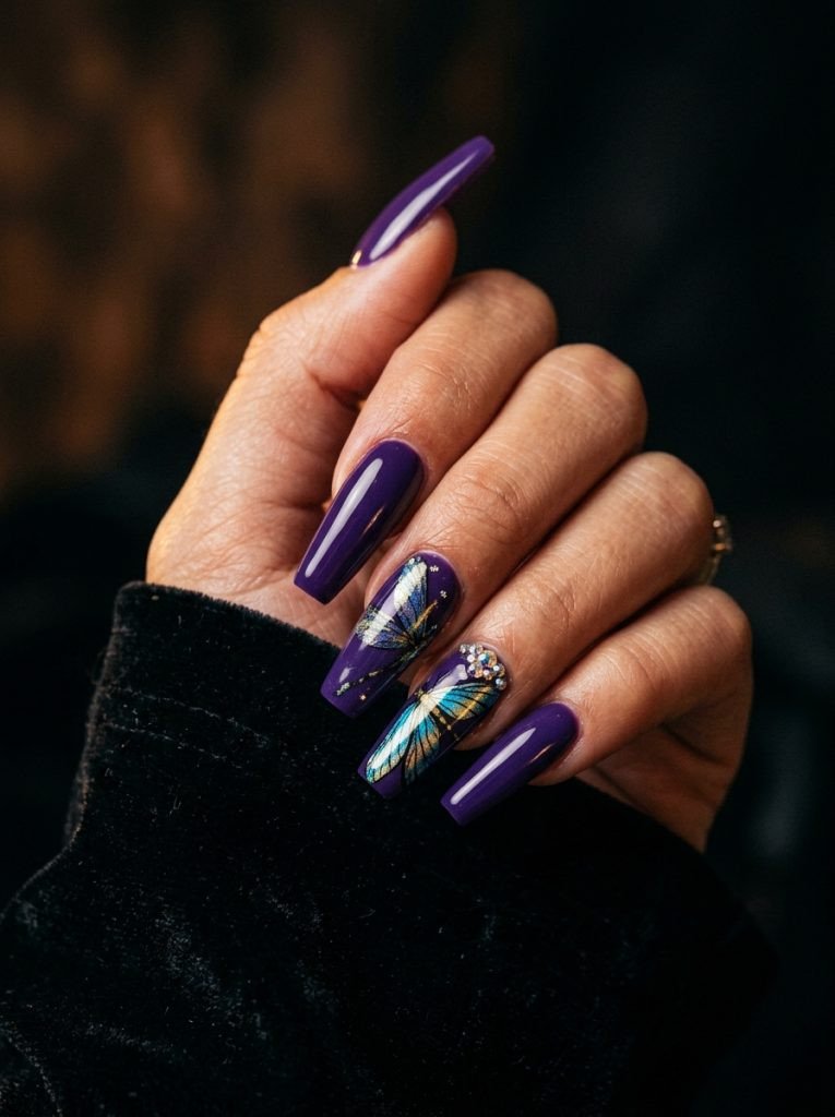 dragonfly acrylic nails long purple coffin iridescent wing rhinestone glossy dramatic statement