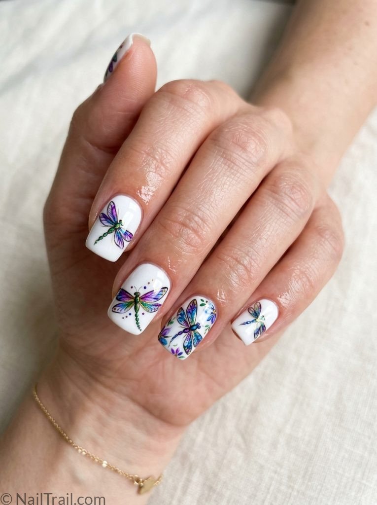 dragonfly nail art white base colorful purple blue green short square glossy creative joyful
