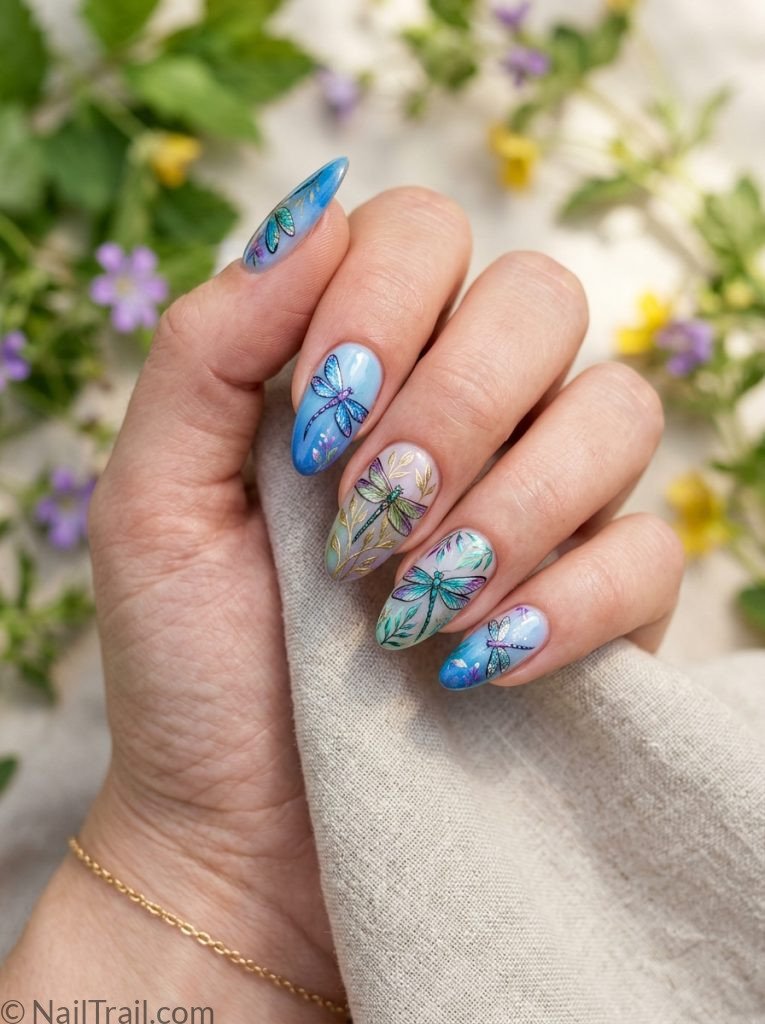 dragonfly nail art designs full nature set almond blue green purple each nail glossy artistic stunning