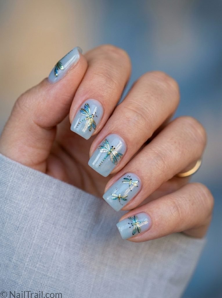 unique short nail ideas square shape dragonfly nail art sheer blue base glossy gel finish gradient background