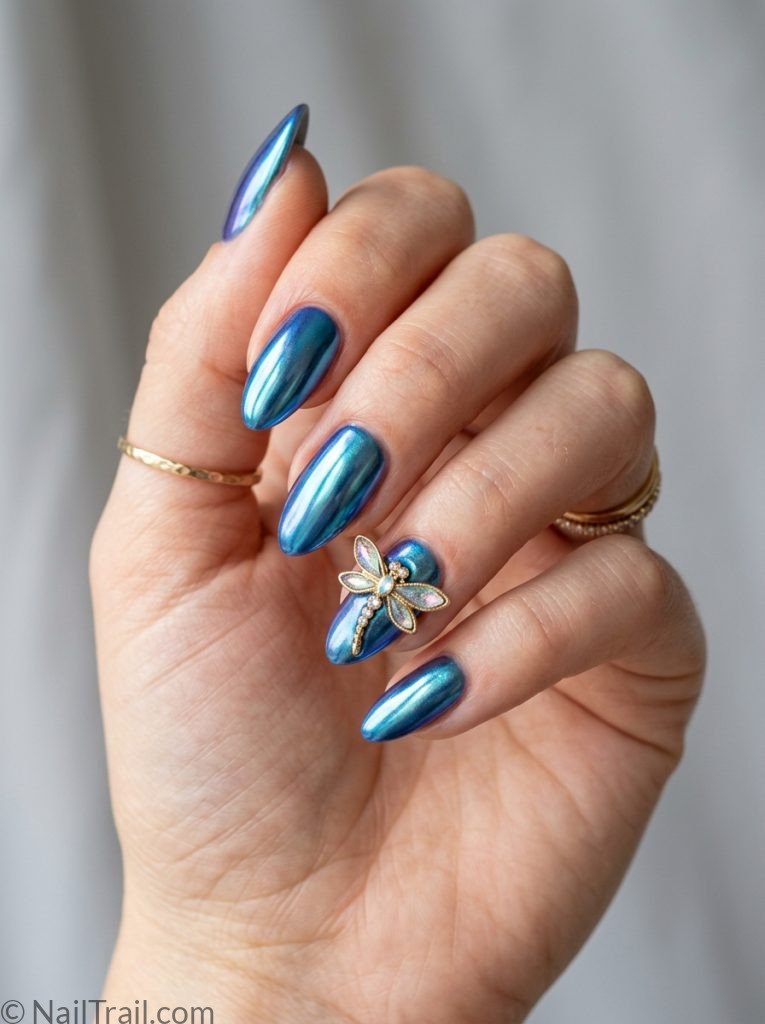 dragonfly nails designs blue chrome 3d charm almond iridescent glossy dimensional striking viral