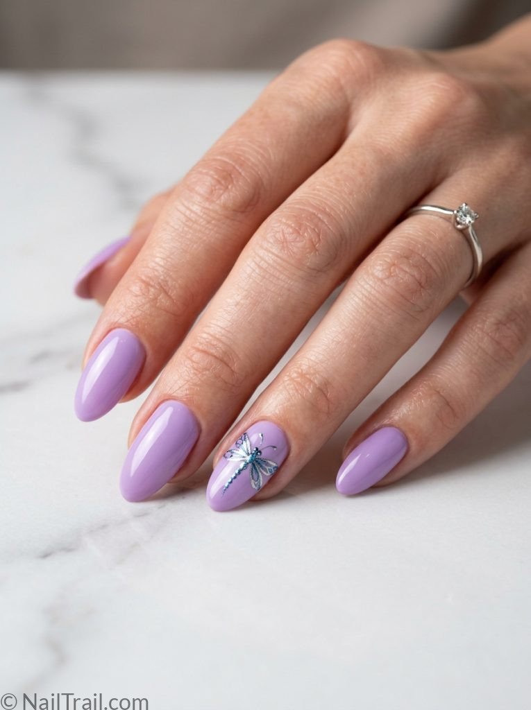 dragonfly nails purple almond blue silver accent art delicate glossy magical elegant