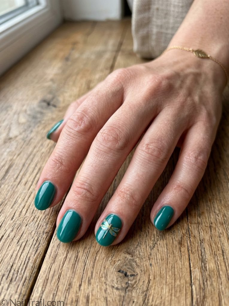 dragonfly nails inspo teal green sticker short oval accent glossy fresh nature inspired