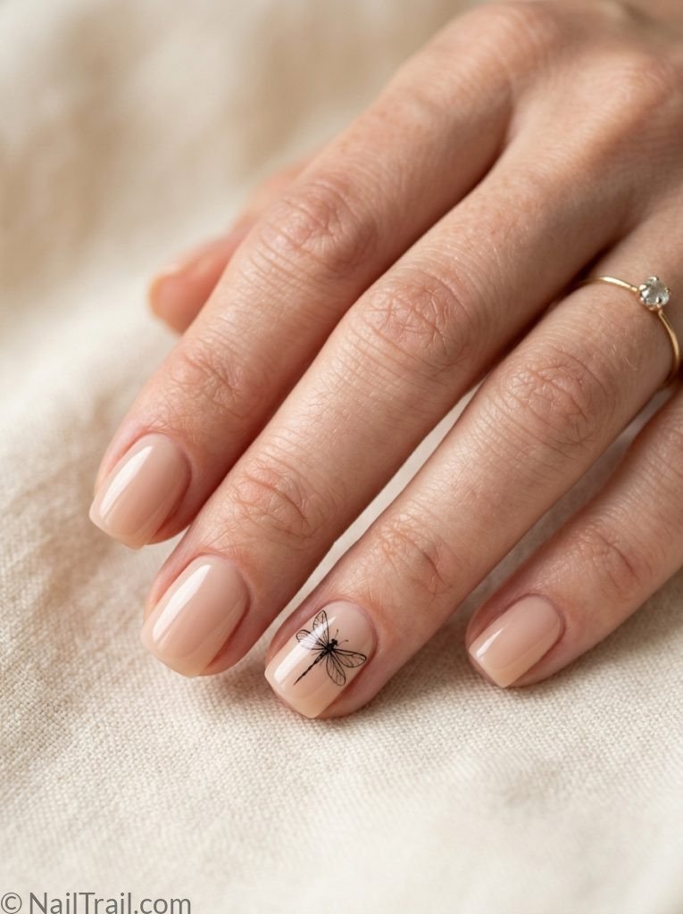 simple dragonfly nails nude minimalist short square tiny detail glossy subtle wearable