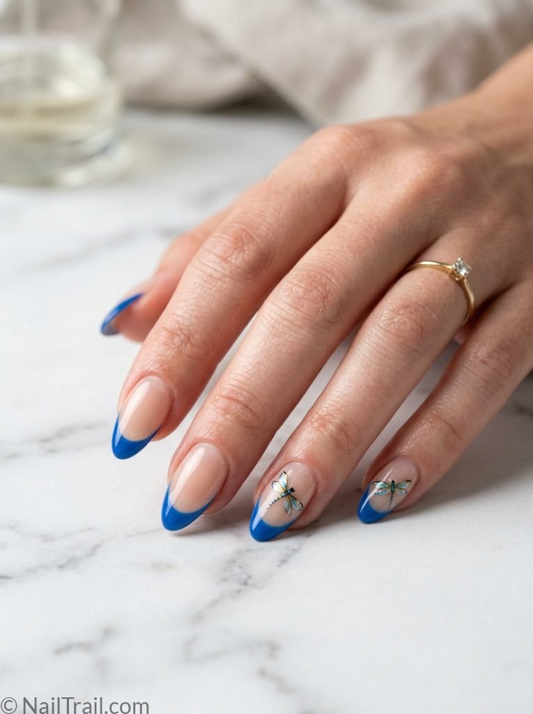 french tip dragonfly nails blue wing detail almond sheer nude glossy elegant unique sophisticated