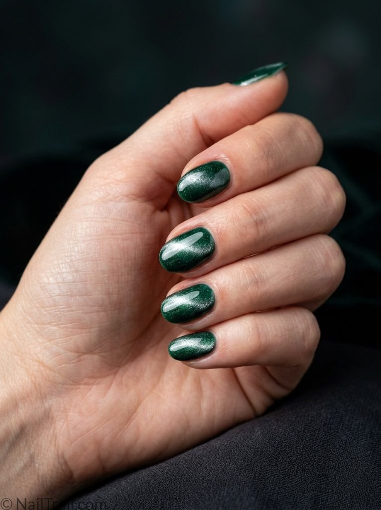 unique short nail ideas oval shape cat eye magnetic effect emerald green glossy gel finish dark background