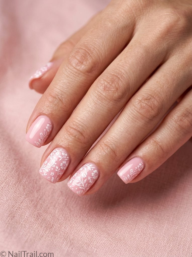 extra short nail ideas square shape floral stamping art white on pink glossy gel finish