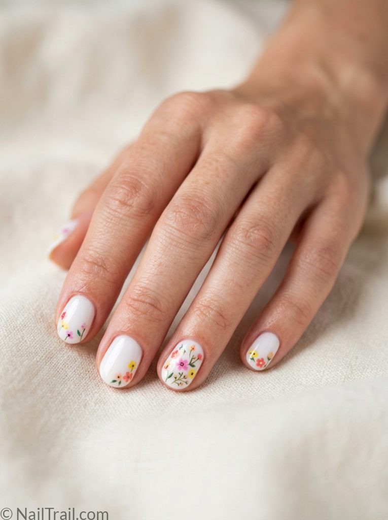 very short nails ideas summer floral sticker oval white pink yellow coral glossy cute