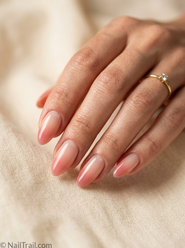 french aura summer nails pink glow tip almond sheer nude glossy elegant subtle modern