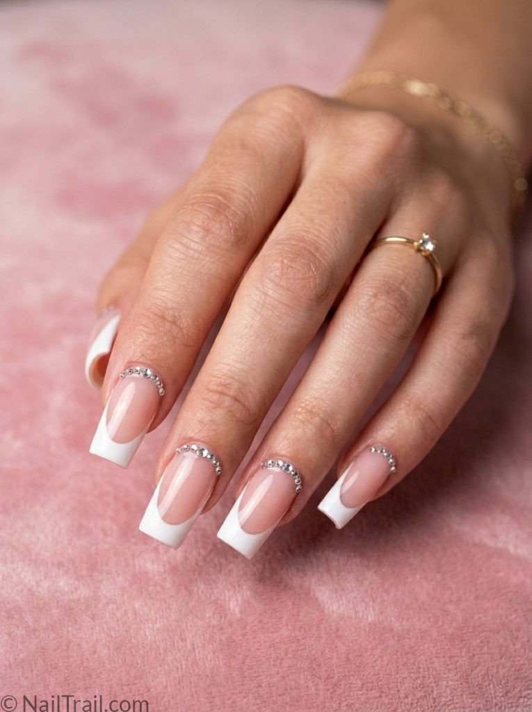 2000s square nails long square shape white french tip rhinestone gem smile line glossy gel finish pink background