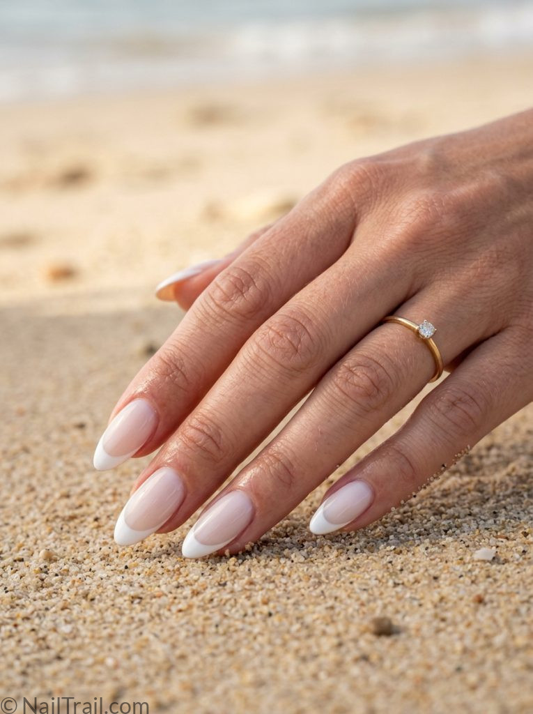 summer french tip nails milky white tip almond shape glossy gel finish beach sand background