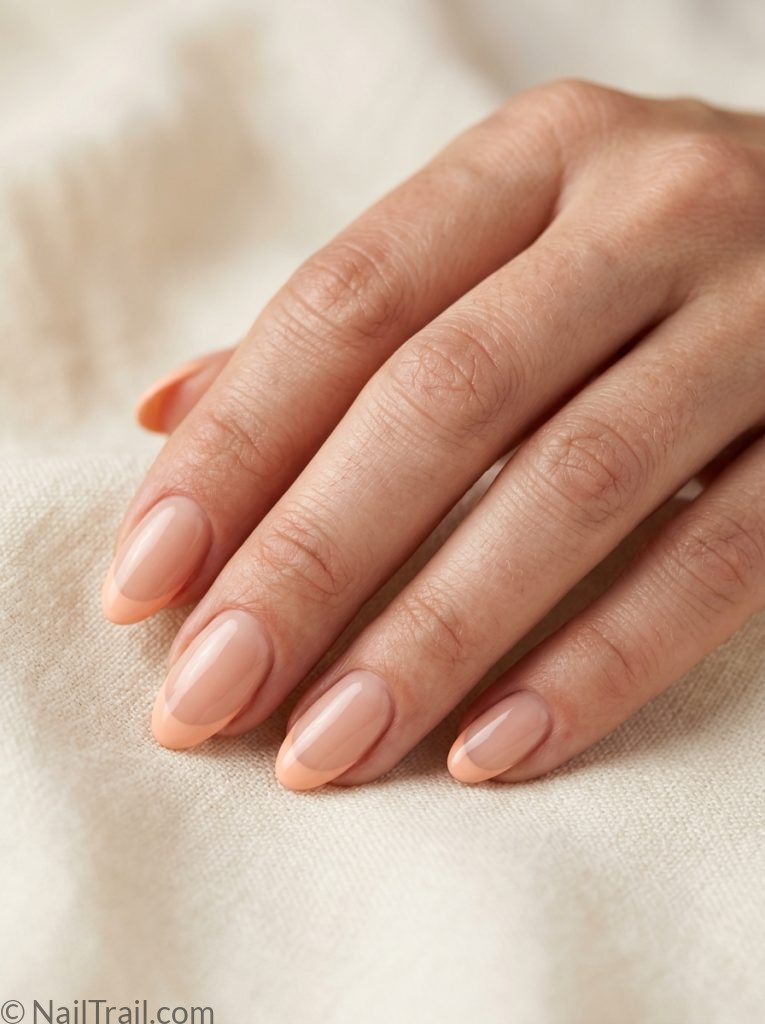 summer french tip nails peach tip oval shape glossy gel finish cream background