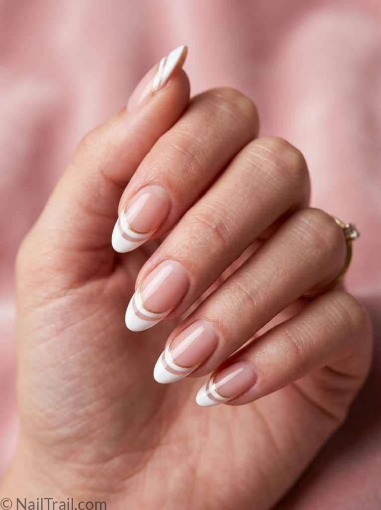 summer french tip nails double white tip gold line accent almond shape glossy gel finish