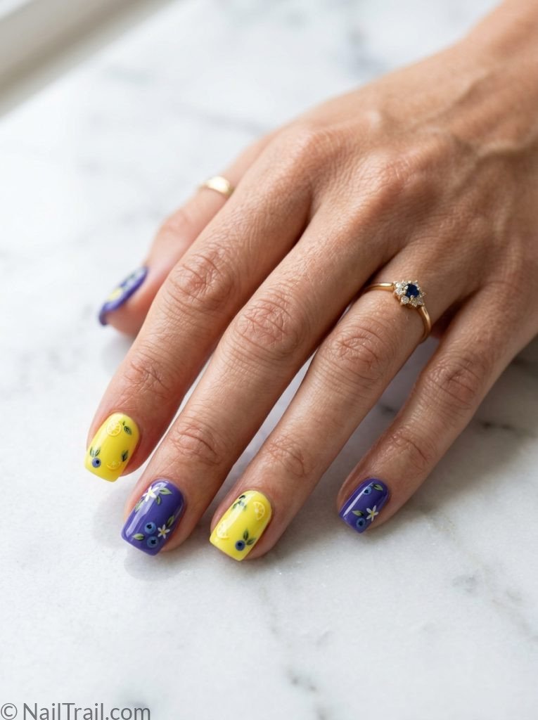 unique short nail ideas square shape lemon yellow blueberry purple fruit accents glossy gel finish marble