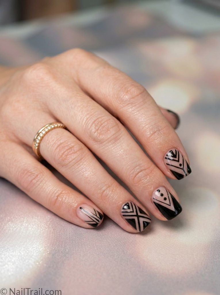 unique short nail ideas square shape negative space black geometric clear sections glossy gel finish