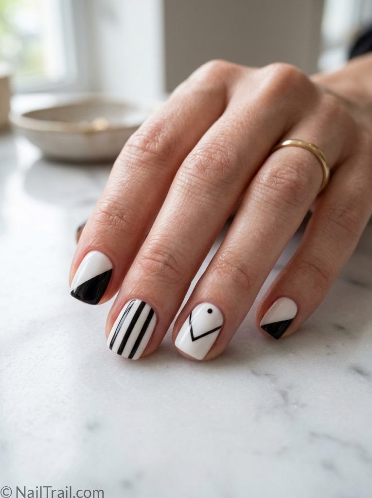  extra short nail ideas square shape geometric nail art black white glossy gel finish marble background