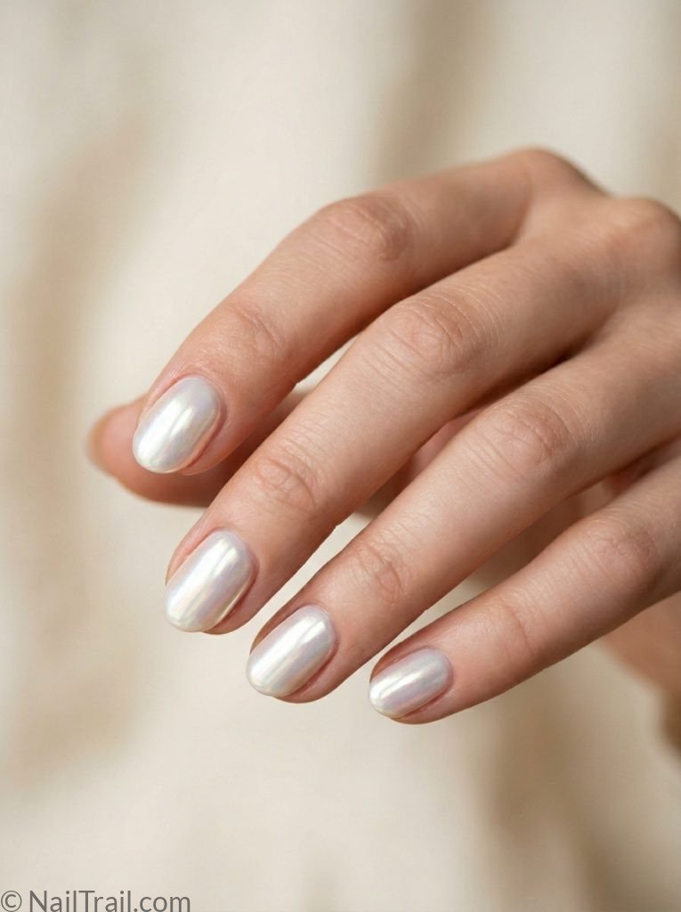 unique short nail ideas oval shape glazed donut chrome pearl iridescent sheen finish cream background