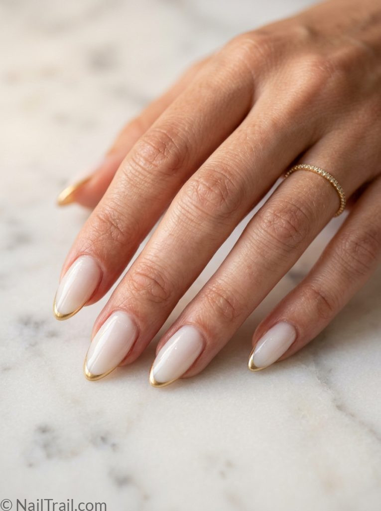 milky white nails french gold tip almond elegant modern luxurious sophisticated glossy