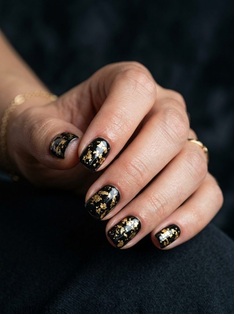 unique short nail ideas square shape gold foil flakes black base glossy gel finish dark moody background