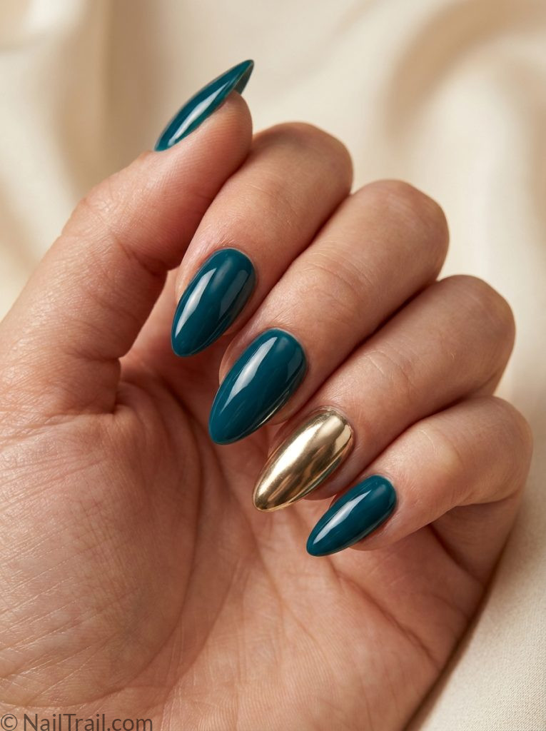 gold teal nails luxury duo almond deep teal mirror gold accent glossy elegant sophisticated luxurious