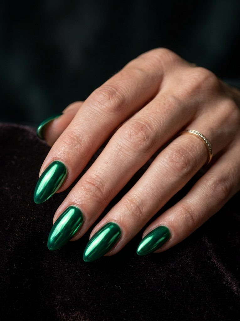 green nail inspo almond emerald chrome mirror metallic glossy striking rich dramatic