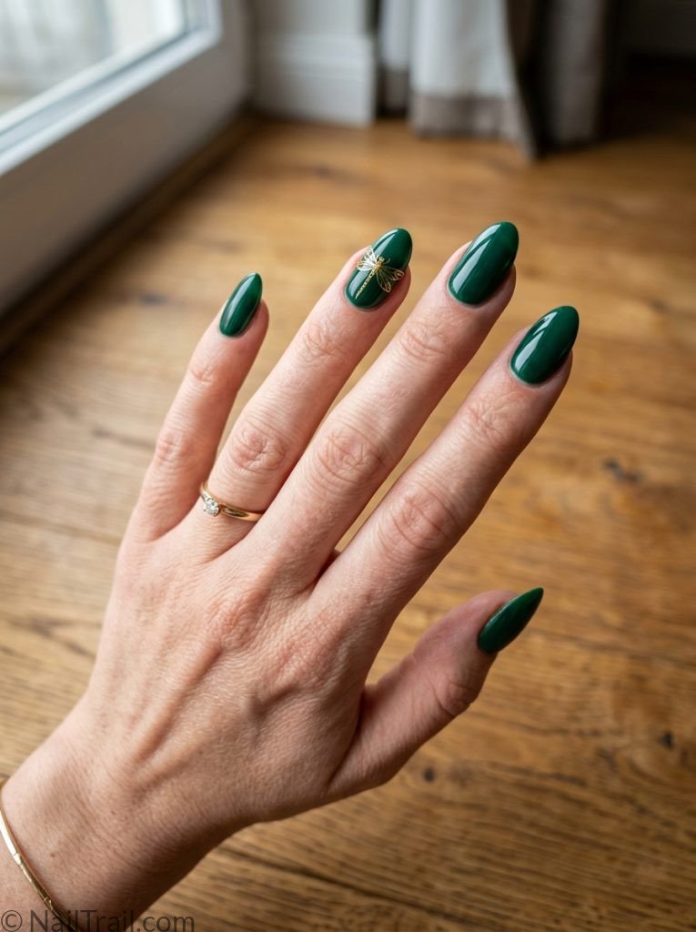 green dragonfly nails emerald gold art almond elegant sophisticated glossy nature inspired