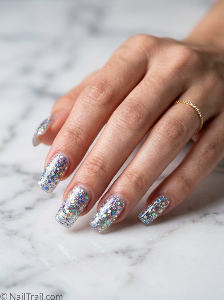 2000s square nails long square shape clear base chunky holographic glitter glossy finish marble background