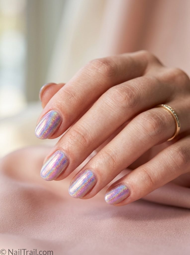 unique short nail ideas oval shape holographic rainbow shimmer iridescent effect gradient background