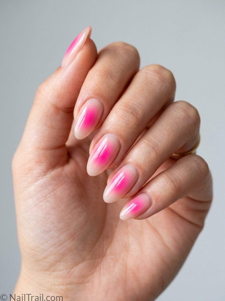 hot pink aura summer nails almond bold vibrant diffused glow glossy confident summer