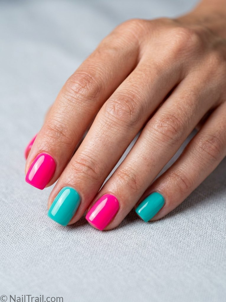 hot pink teal nails vibrant mismatched short square bold neon electric glossy striking