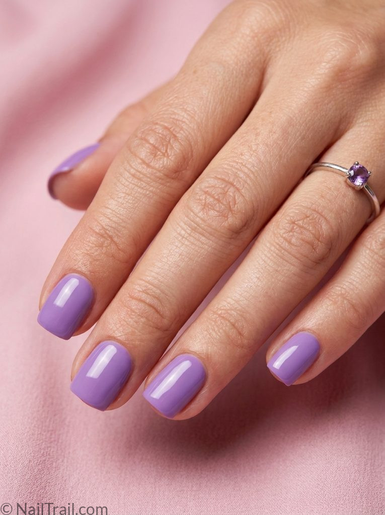 bts nails short square shape soft lavender purple glossy gel finish pink background