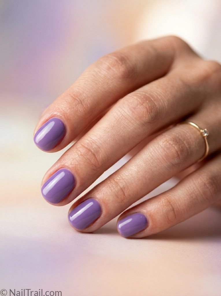 extra short nail ideas oval shape lavender purple glossy gel finish gradient background