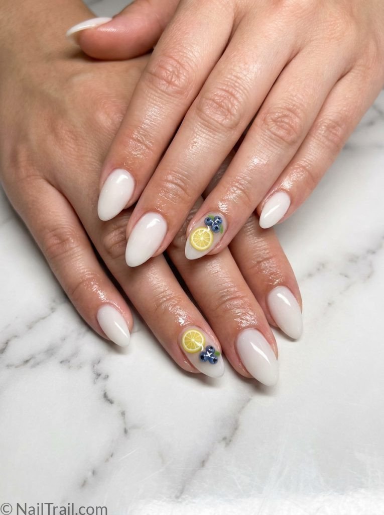 lemon blueberry nail art 3d fruit charm white almond dimensional creative unique glossy summer