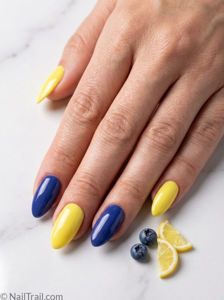 lemon blueberry nails yellow blue mismatched almond glossy fresh playful bold summer