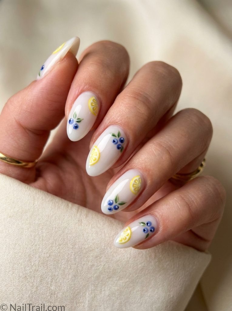 lemon blueberry nails designs fruit art white almond lemon slice blueberry cluster glossy creative