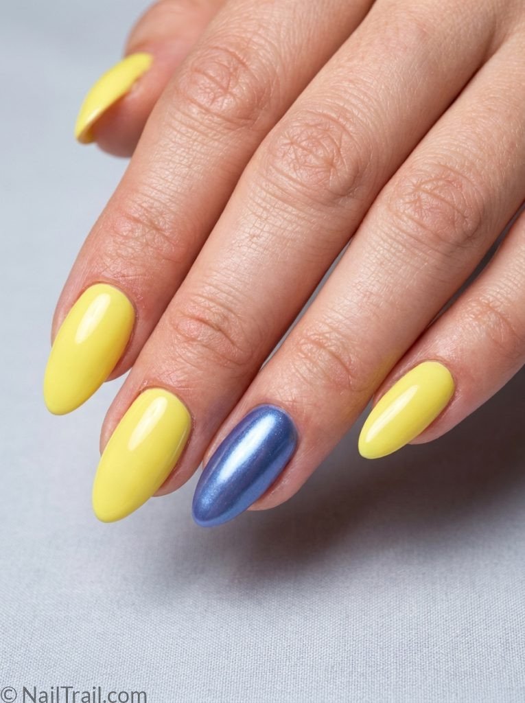 lemon blueberry nails almond blue chrome accent yellow glossy striking dimensional summer