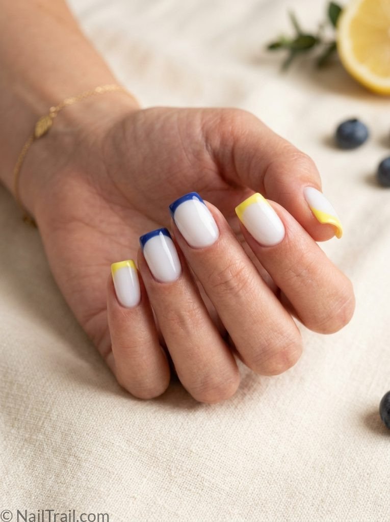 lemon blueberry nails square french tip alternating yellow blue white base glossy elegant modern