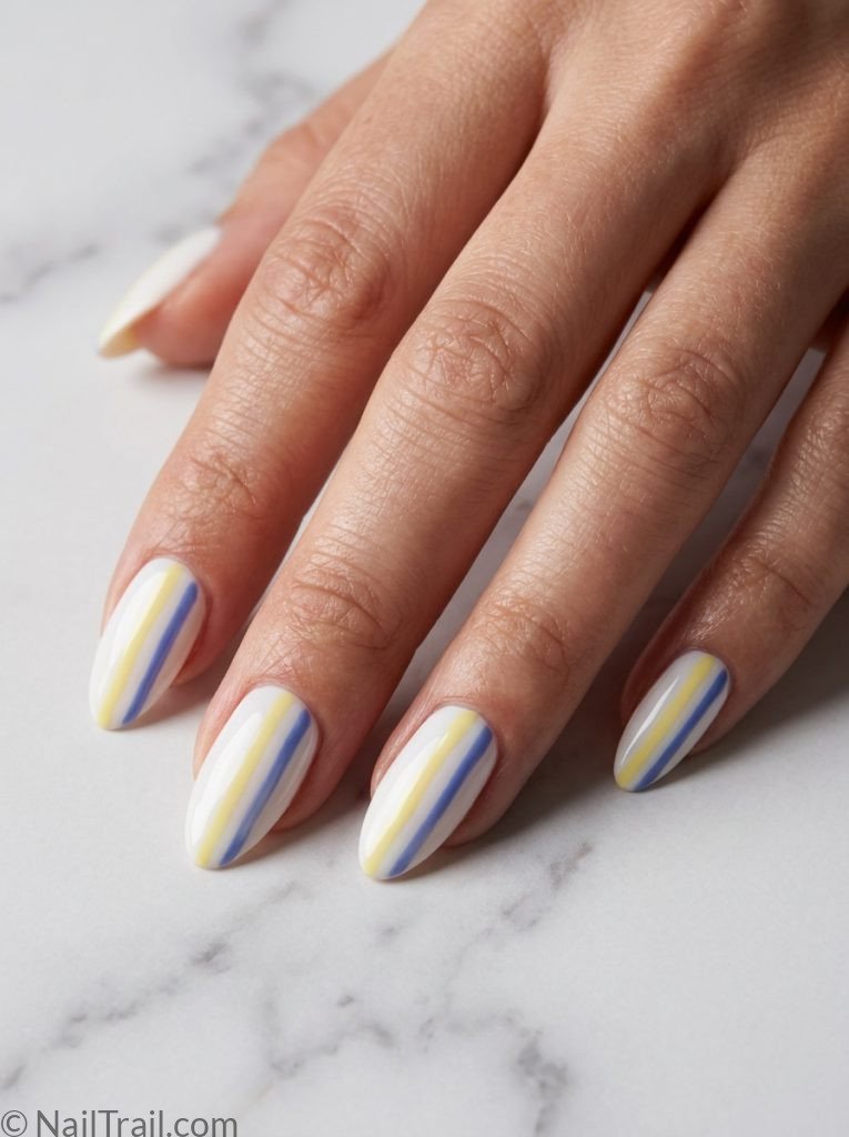 lemon blueberry nails inspo stripe yellow blue white almond graphic creative glossy summer bold