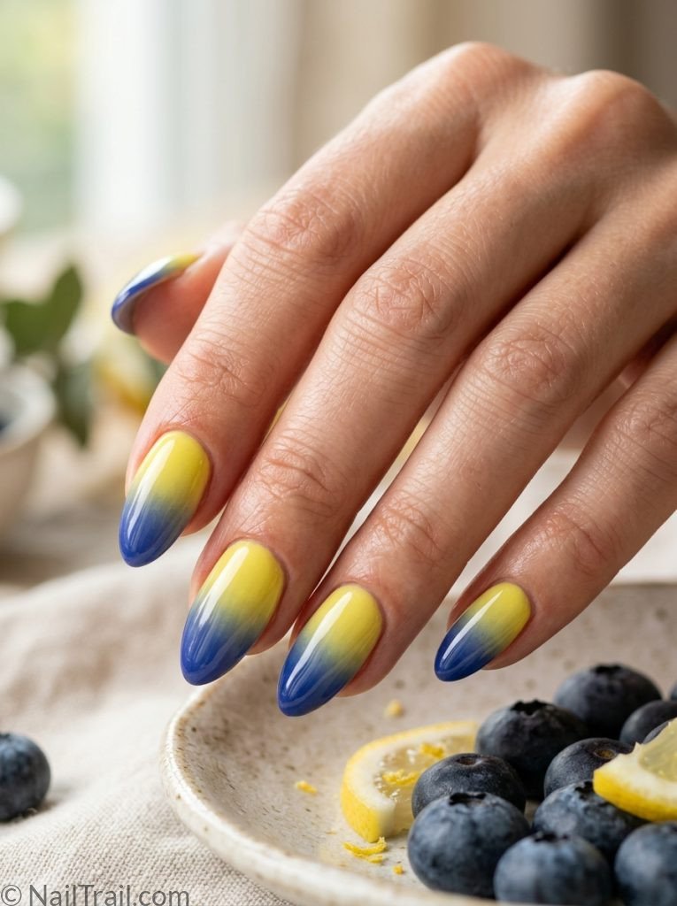 lemon blueberry nails ideas yellow blue ombre gradient almond glossy stunning fresh summer