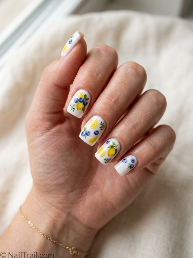 easy lemon blueberry nails sticker art white short square glossy beginner friendly summer