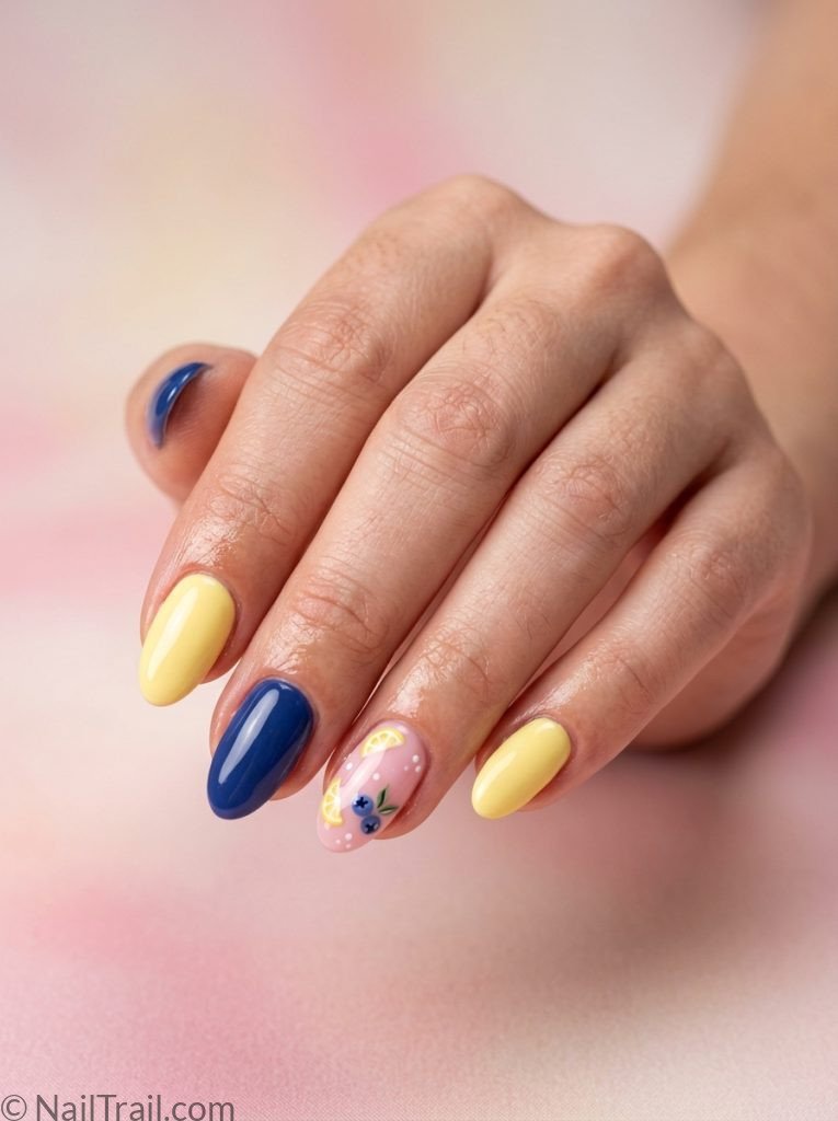 cute lemon blueberry nails yellow pink blue mix almond glossy playful sweet adorable summer