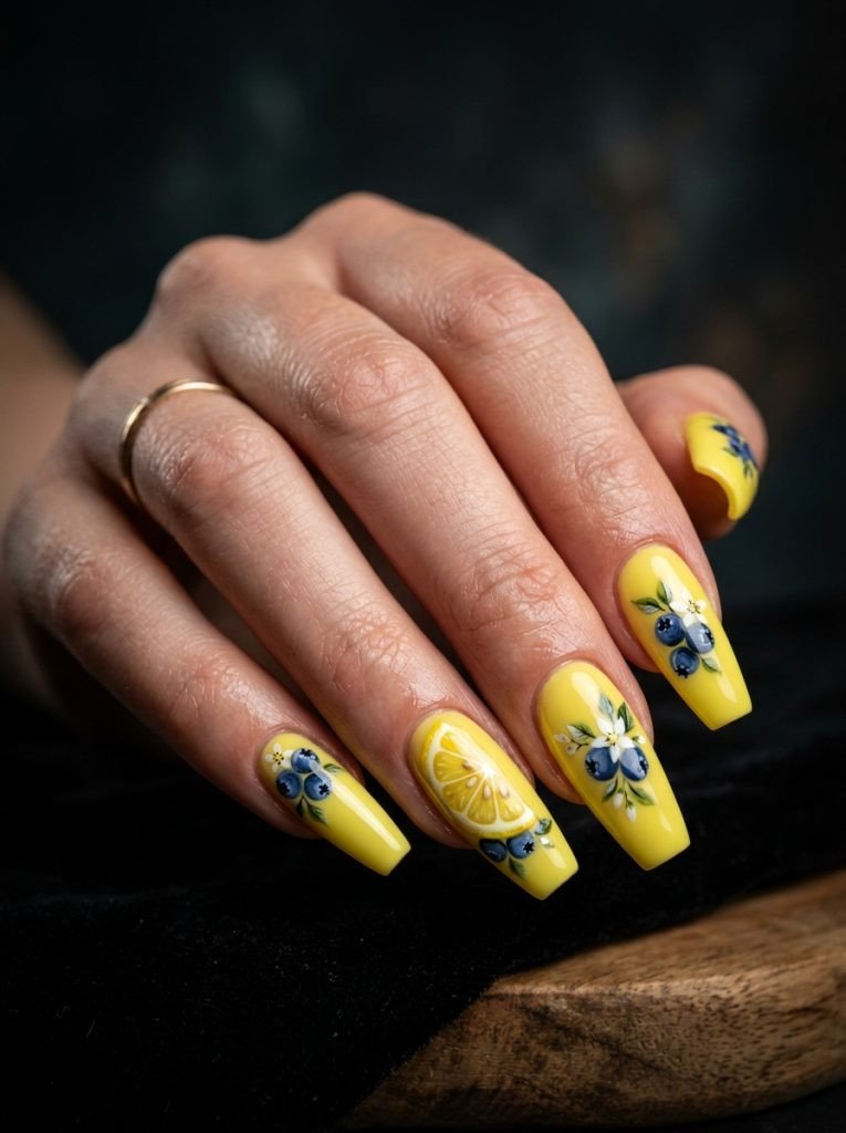 long lemon blueberry nails yellow coffin blue art lemon slice accent dramatic glossy statement