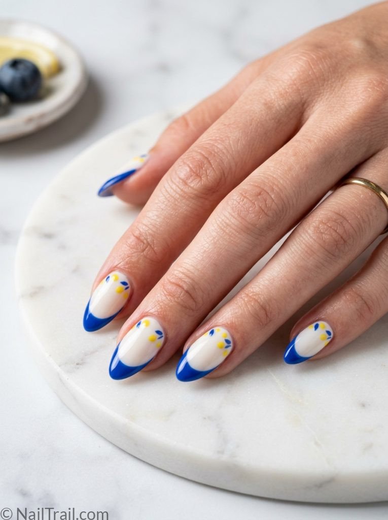 lemon blueberry nails set blue french tip yellow dots white almond glossy cohesive creative
